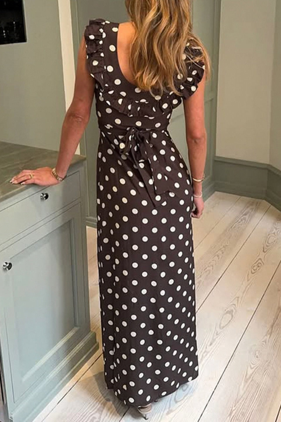 Polka Dot Scoop Neck Ruffle Trim Cap Sleeve Bodycon Maxi Dress