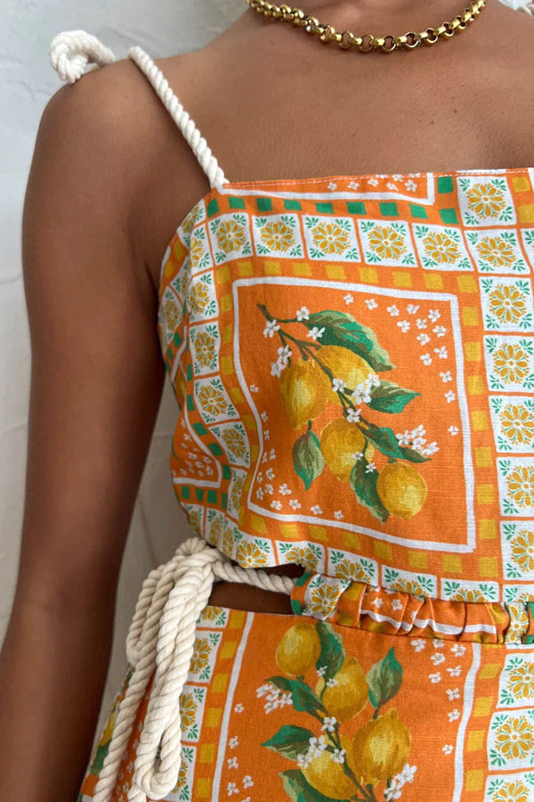 Lemon Print Square Neck Rope Tie Side Cut Out Maxi Dress
