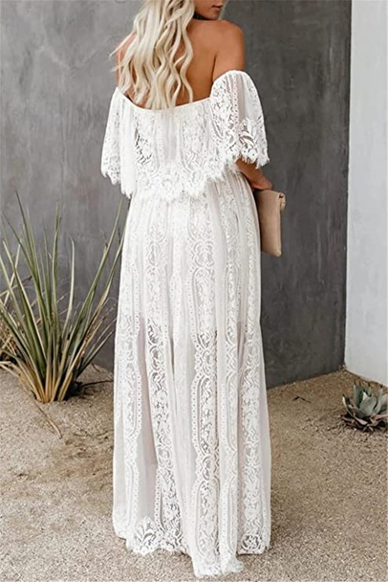 Lace Off Shoulder Flutter Sleeve Ruffled Panel Maxi Dress