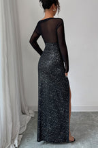 Mesh Long Sleeve Off Shoulder Sweetheart Sequin High Split Bodycon Gown