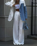 White Denim Patchwork Trousers Office Two Piece Set