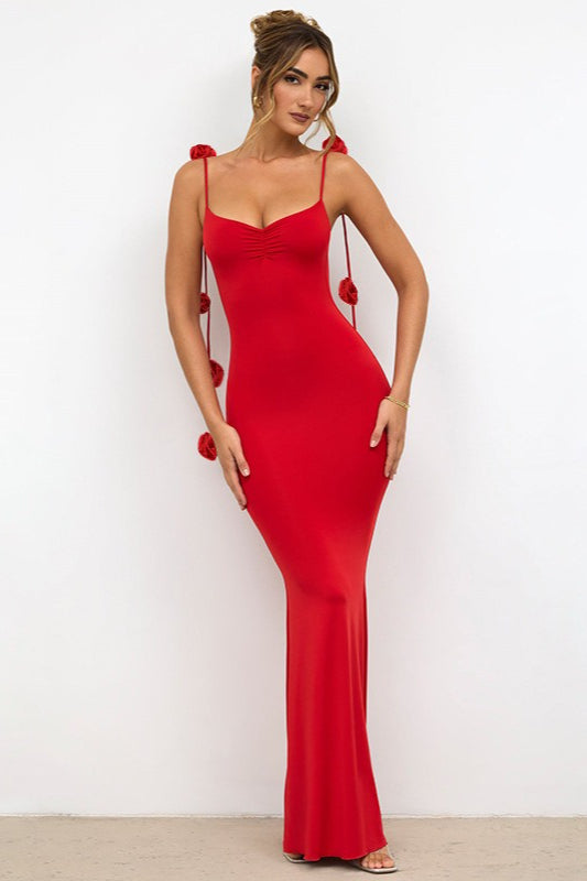 3D Floral Rosette Strap Backless Mermaid Bodycon Maxi Mini Dress