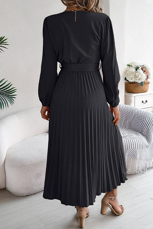Deep V-Neck Bishop Sleeve Button Front Pleated Belted Midi Dress