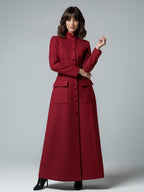 Woolen Full-Length Maxi Coat With Stand Collar And Flap Pockets For Women 2026
