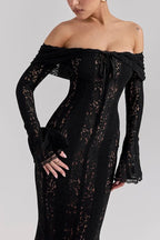 | Off Shoulder Floral Lace Flared Sleeve Fishtail Maxi Dress - White
