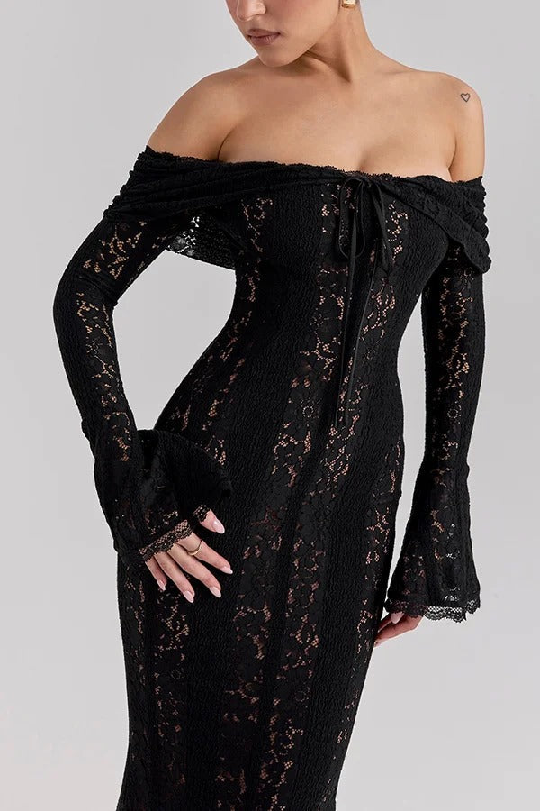 | Off Shoulder Floral Lace Flared Sleeve Fishtail Maxi Dress - White