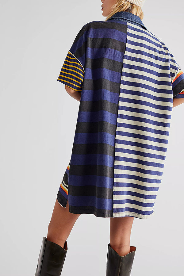 Denim Collar Striped Patchwork Polo Rugby Mini Dress