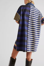 Denim Collar Striped Patchwork Polo Rugby Mini Dress