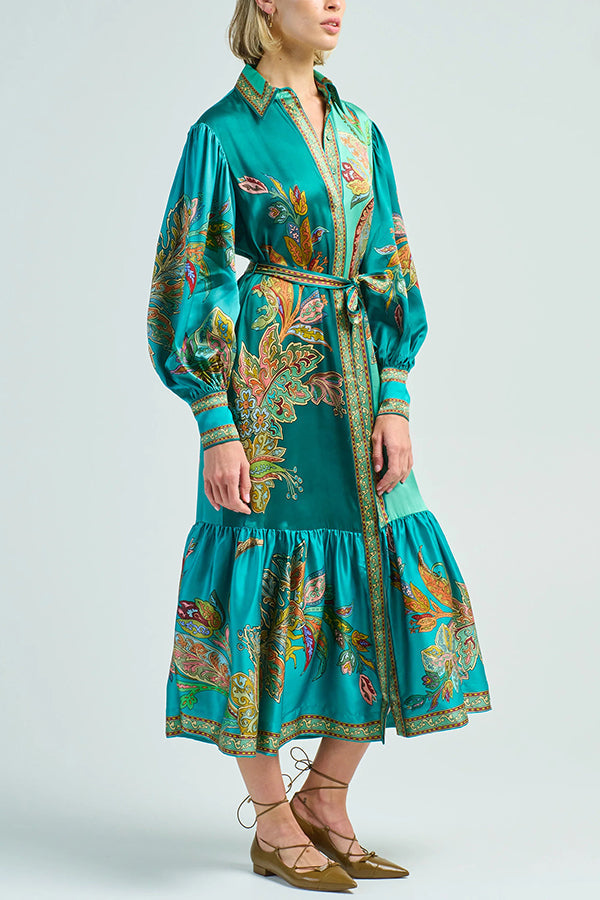 Paisley Print Lantern Sleeve Lace Up Belted Ruffle Hem Midi Shirt Dress