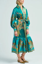 Paisley Print Lantern Sleeve Lace Up Belted Ruffle Hem Midi Shirt Dress