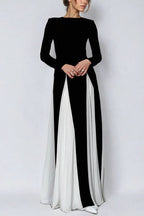 Long Sleeve Crew Neck Paneled Pleated Godet A-Line Maxi Dress