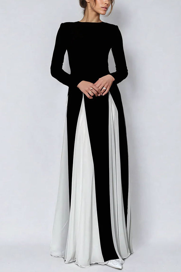 Long Sleeve Crew Neck Paneled Pleated Godet A-Line Maxi Dress