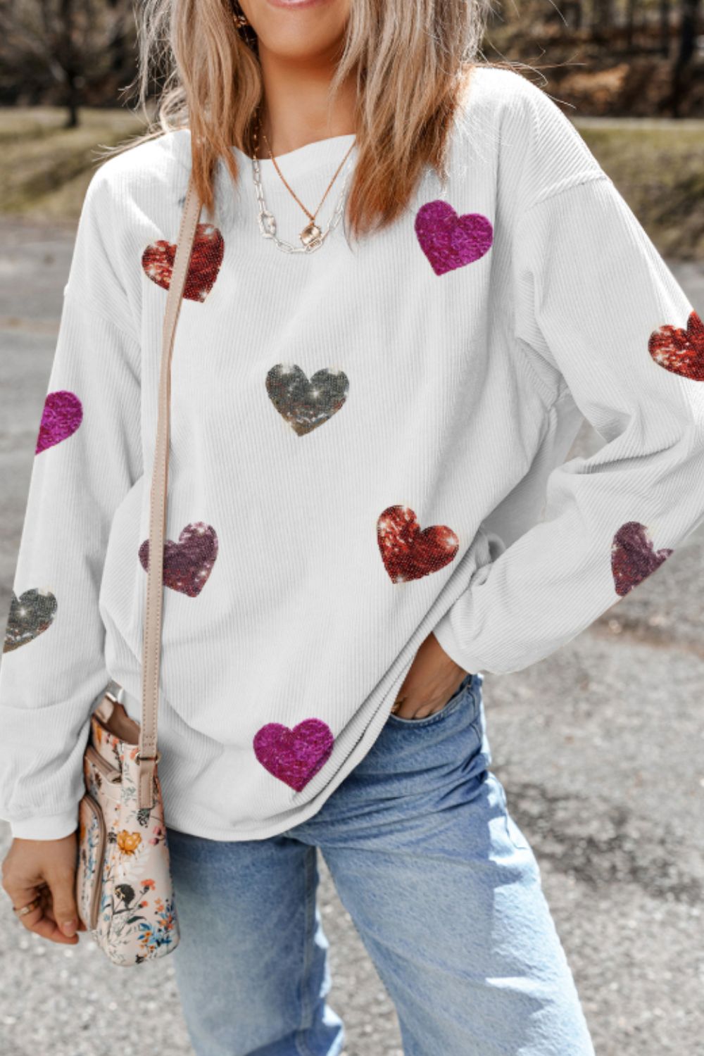 Blue Zone Planet | Valentine__ Day Sequin Heart Round Neck Long Sleeve Sweatshirt