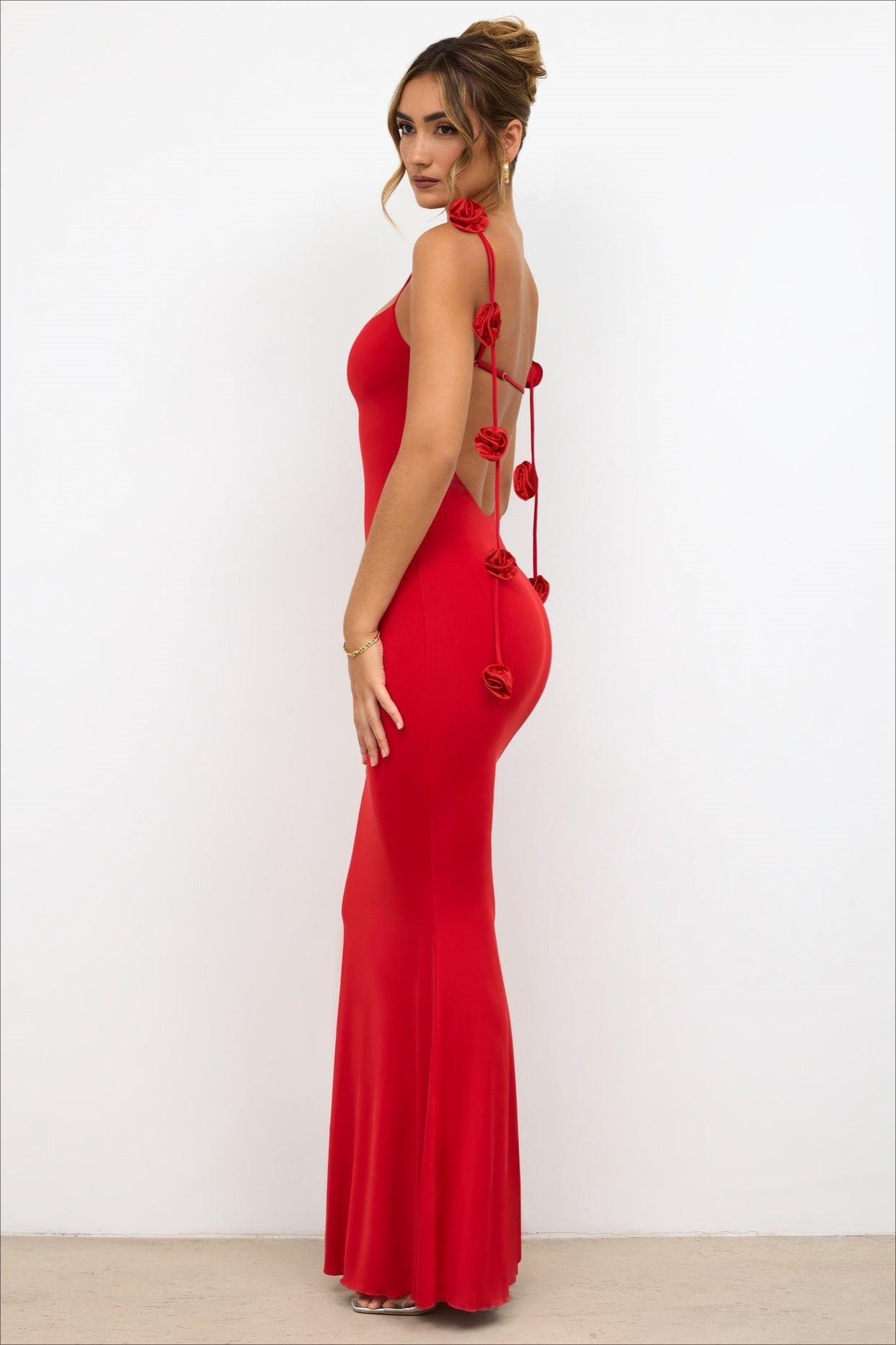 3D Floral Rosette Strap Backless Mermaid Bodycon Maxi Mini Dress