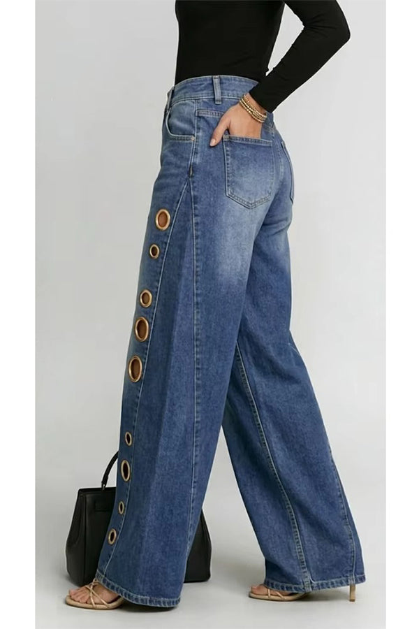 High-Street Edgy Eyelet Cut-Out Baggy Jeans