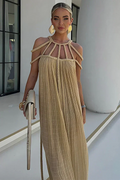 Pleated Plisse Braided Rope Halter Cage Neck Maxi Dress