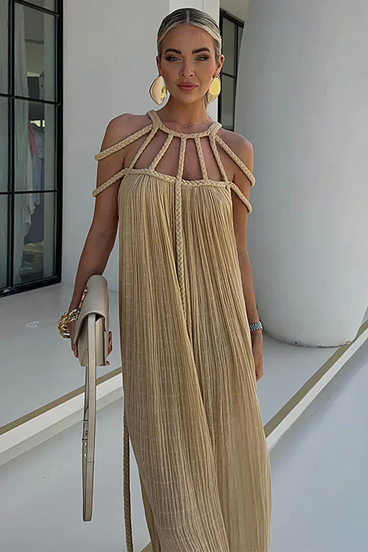 Pleated Plisse Braided Rope Halter Cage Neck Maxi Dress