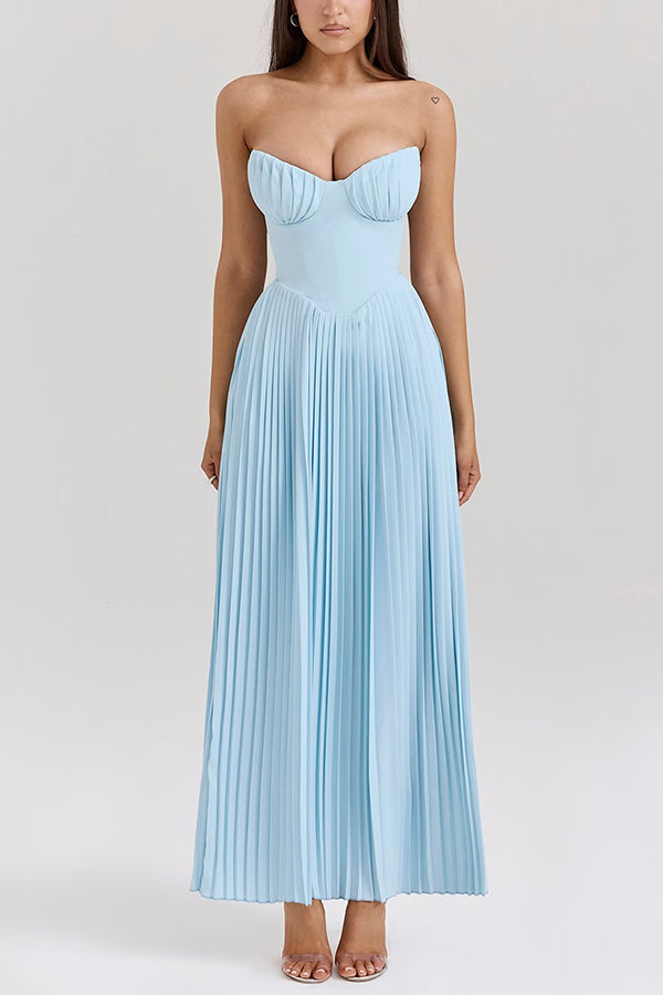 Strapless Sweetheart Pleated Bust Basque Waist Accordion Pleat Maxi Gown