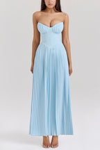 Strapless Sweetheart Pleated Bust Basque Waist Accordion Pleat Maxi Gown