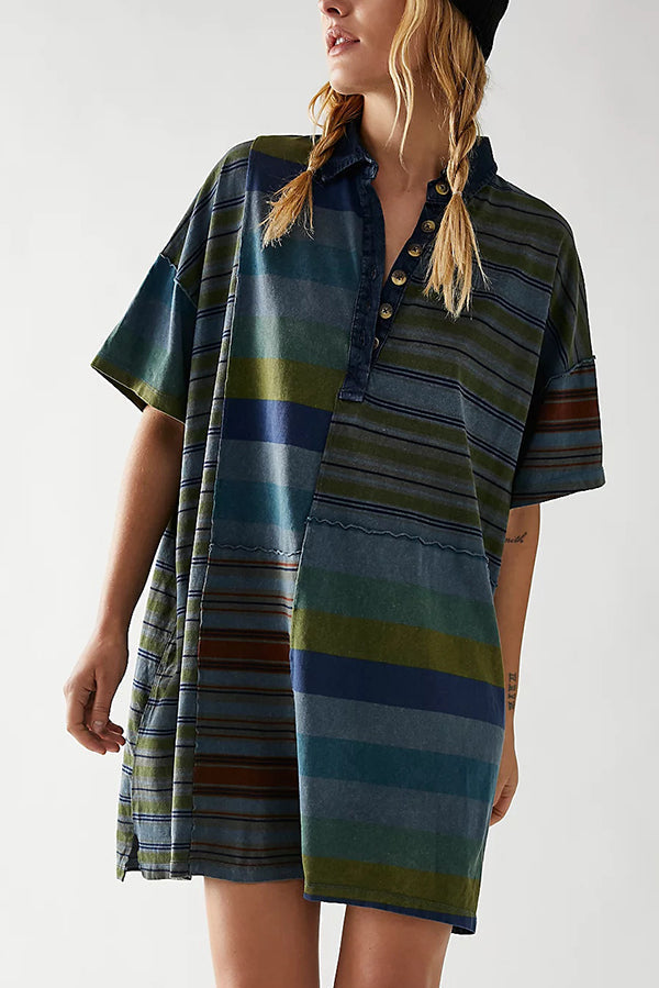Denim Collar Striped Patchwork Polo Rugby Mini Dress