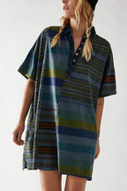 Denim Collar Striped Patchwork Polo Rugby Mini Dress