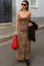 Leopard Print Cowl Neck Spaghetti Strap Column Maxi Dress
