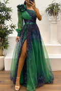 One Shoulder Floral Print Rosette Puff Sleeve Pleated Side Slit Maxi Dress