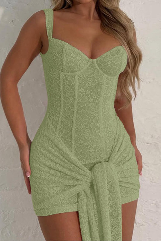 Floral Lace Sweetheart Neck Corset Bodice Waist Tie Wrap Mini Dress