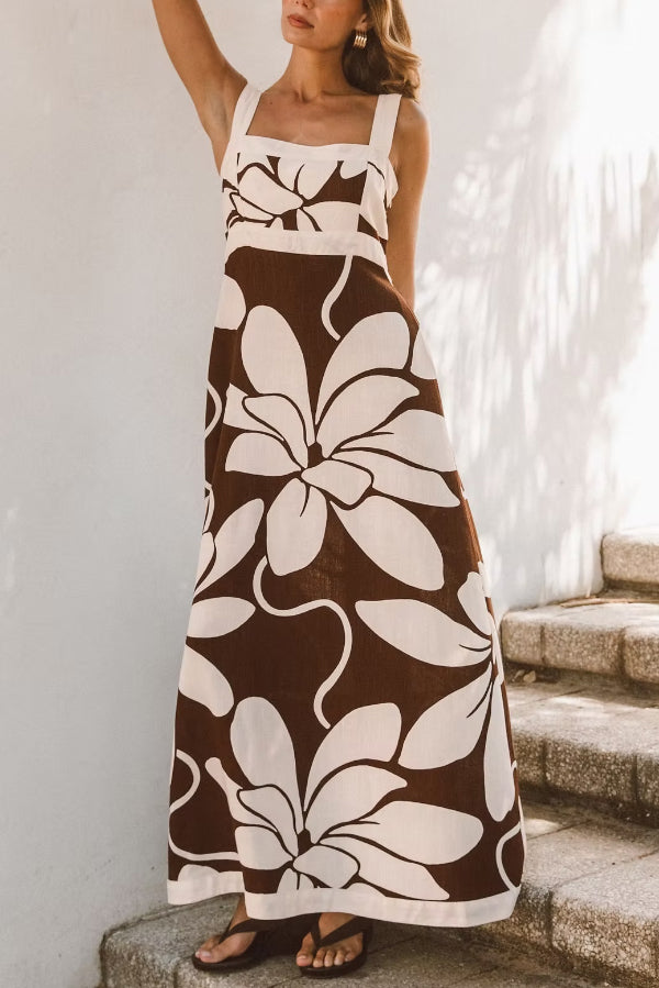 Color-blocked Floral Print Square Neck Sleeveless Casual Maxi Dress
