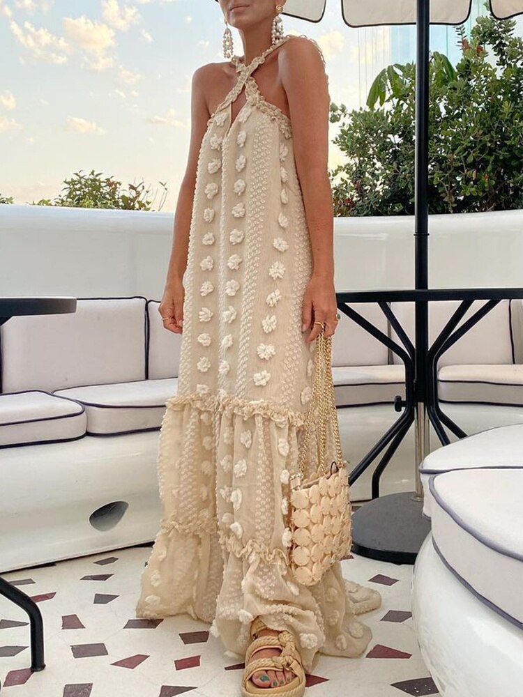 Cross-Front Halter 3D Floral Applique Tiered Ruffle Maxi Dress