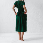 Women's Fashion V Neck Belt High Waist Short Sleeves Cotton- Linen Dress