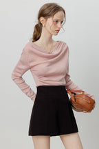 Chic Off Shoulder Tie Waist Cowl Neck Long Sleeve Tee