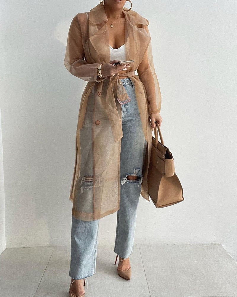 Sheer Mesh Long Sleeve Transparent Jacket Coat Buttoned Longline Trench Coat with Belt