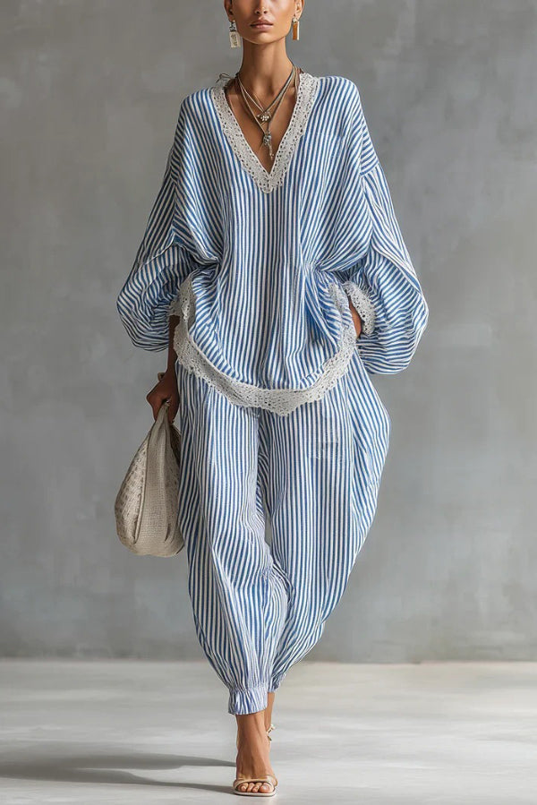 Striped Printed V-neck Lantern Sleeve Lace-trimmed Loose Top and Elastic Waist Casual Wide-leg Pants Set