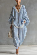 Striped Printed V-neck Lantern Sleeve Lace-trimmed Loose Top and Elastic Waist Casual Wide-leg Pants Set