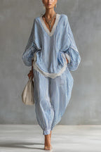 Striped Printed V-neck Lantern Sleeve Lace-trimmed Loose Top and Elastic Waist Casual Wide-leg Pants Set