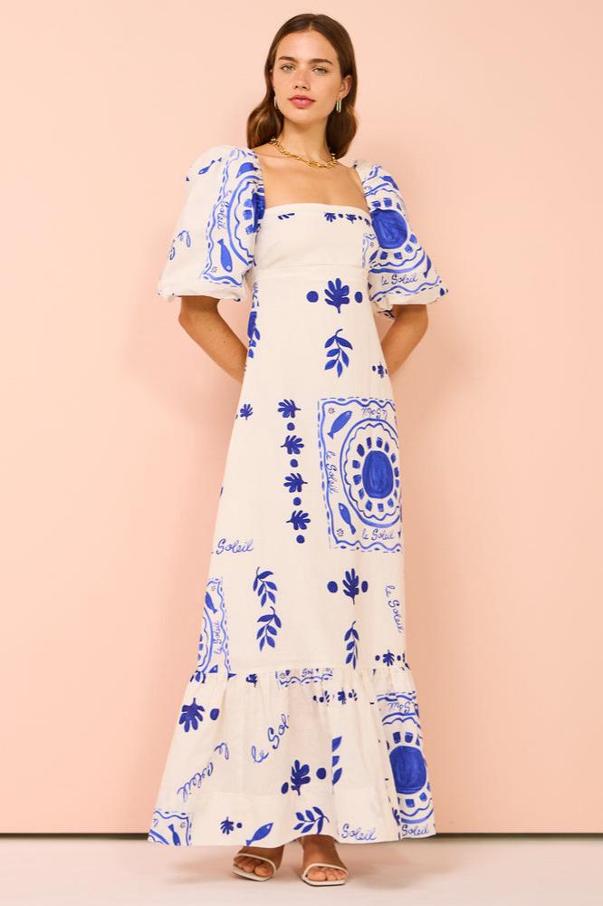 Mediterranean Graphic Print Square Neck Puff Sleeve Tiered Ruffle Hem Maxi Dress