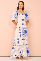 Mediterranean Graphic Print Square Neck Puff Sleeve Tiered Ruffle Hem Maxi Dress