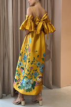Floral Print Cold Shoulder Ruffle Sleeve Empire Waist Pocket Midi Dress