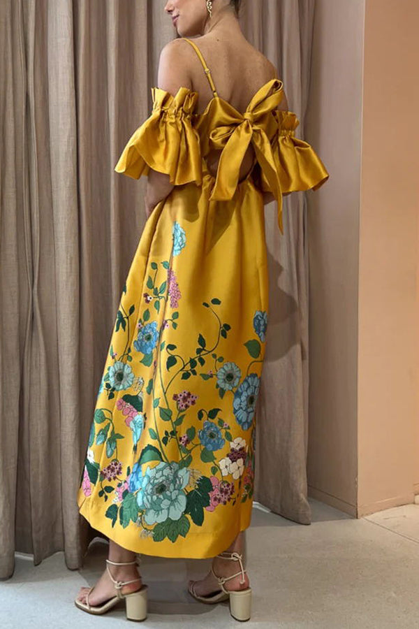 Floral Print Cold Shoulder Ruffle Sleeve Empire Waist Pocket Midi Dress