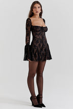 Lace Corset Bodice Tie Front Off Shoulder Bell Sleeve Mini Dress
