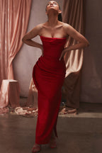 scarlet satin strapless gown