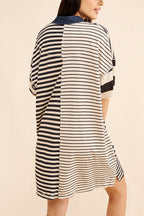 Denim Collar Striped Patchwork Polo Rugby Mini Dress