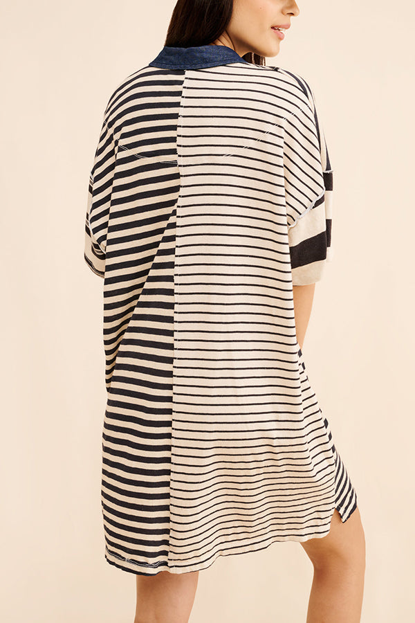 Denim Collar Striped Patchwork Polo Rugby Mini Dress