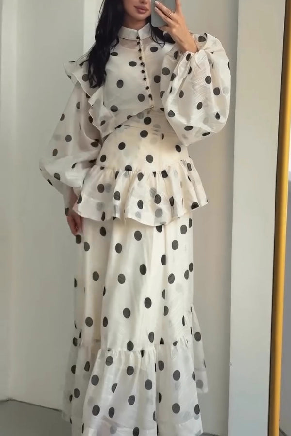 Stylish Polka Dot Print Stand Collar Long Sleeve Elegant Ruffle Maxi Dress
