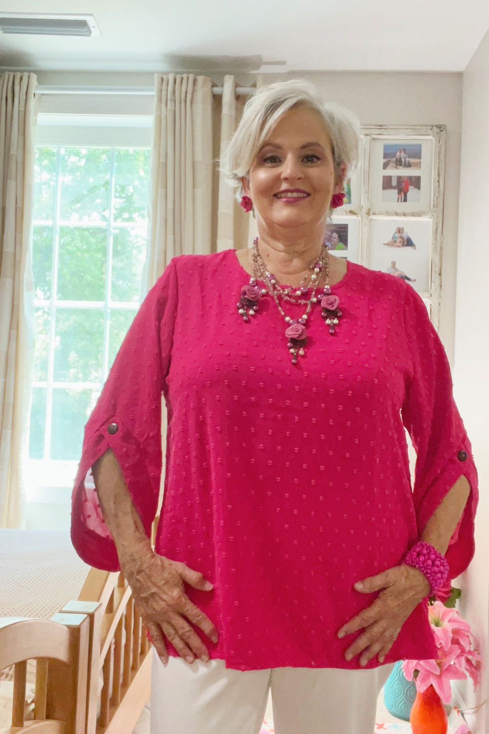 Swiss Dot Round Neck Petal Sleeve Top _ Cerise Pink