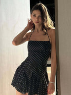 Polka Dot Print Fitted Waist Strapless Halter Neck Short Dress
