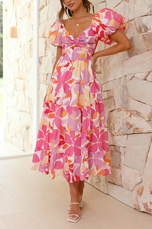 Twist Knot Cut Out Puffle Sleeves Printed Ruffle Maxi Dress
