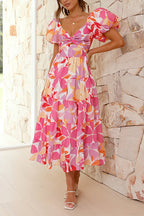 Twist Knot Cut Out Puffle Sleeves Printed Ruffle Maxi Dress