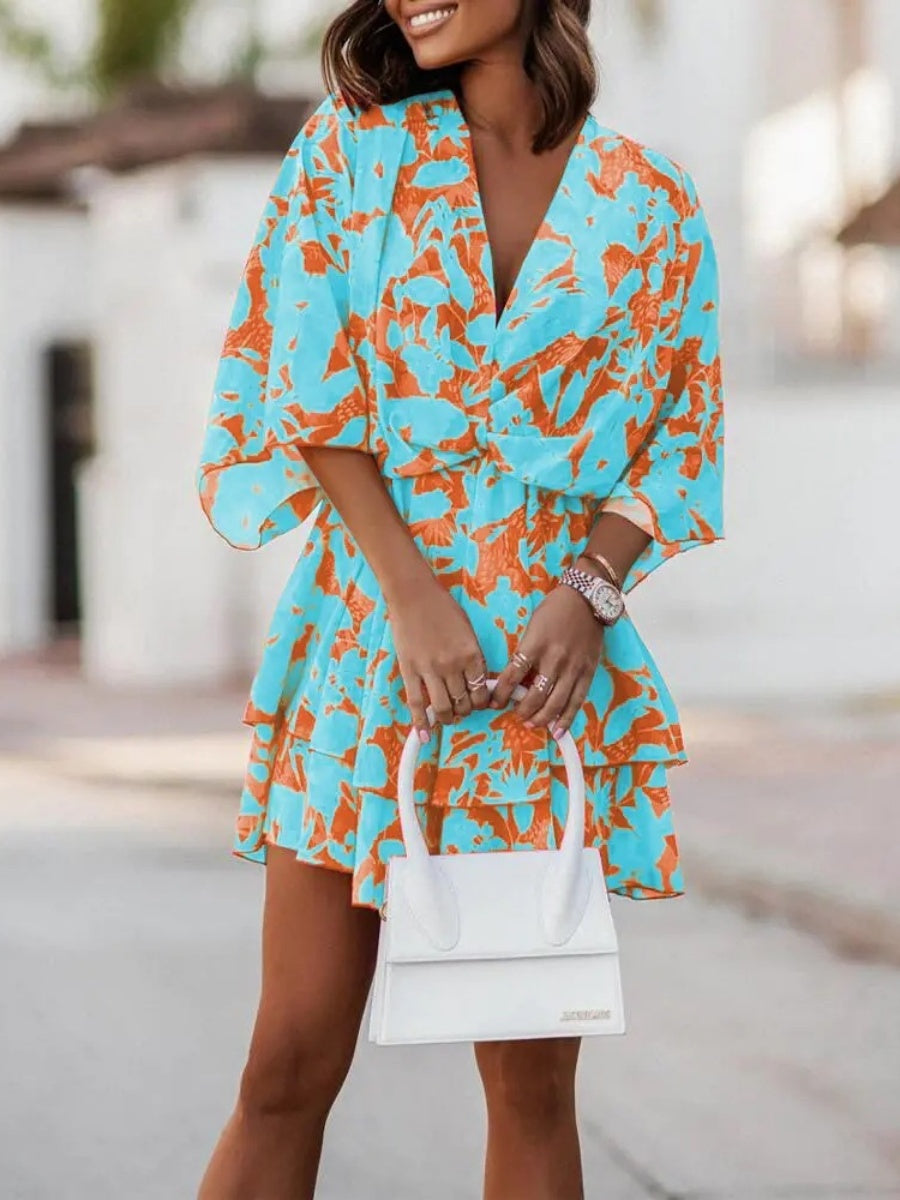Loose-fit Batwing Sleeves Printed Commuting Mini&Short Dresses